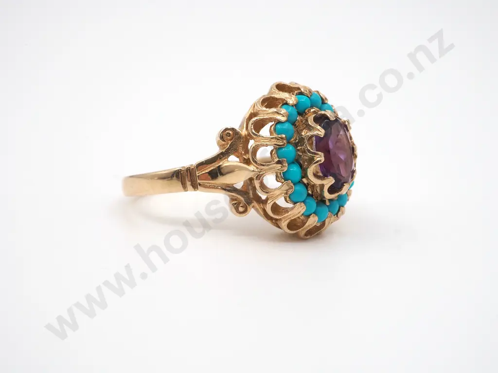 9ct Gold Antique Amethyst & Turquoise Ring, Hallmarked Image 1++