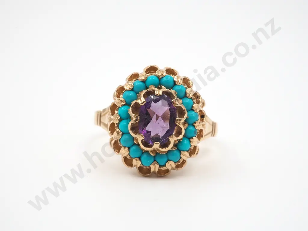 9ct Gold Antique Amethyst & Turquoise Ring, Hallmarked Image 1++