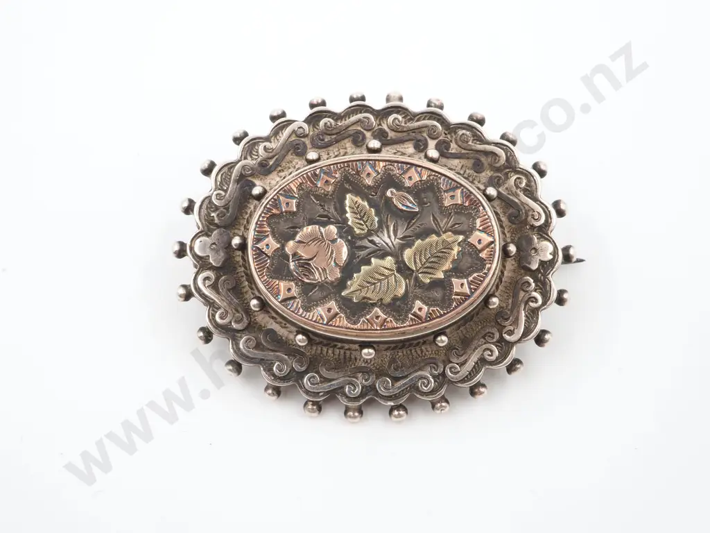 Sterling Silver Victorian Mourning Brooch w Rose/Yellow Gold Inlay, Circa 1880 Image 1++