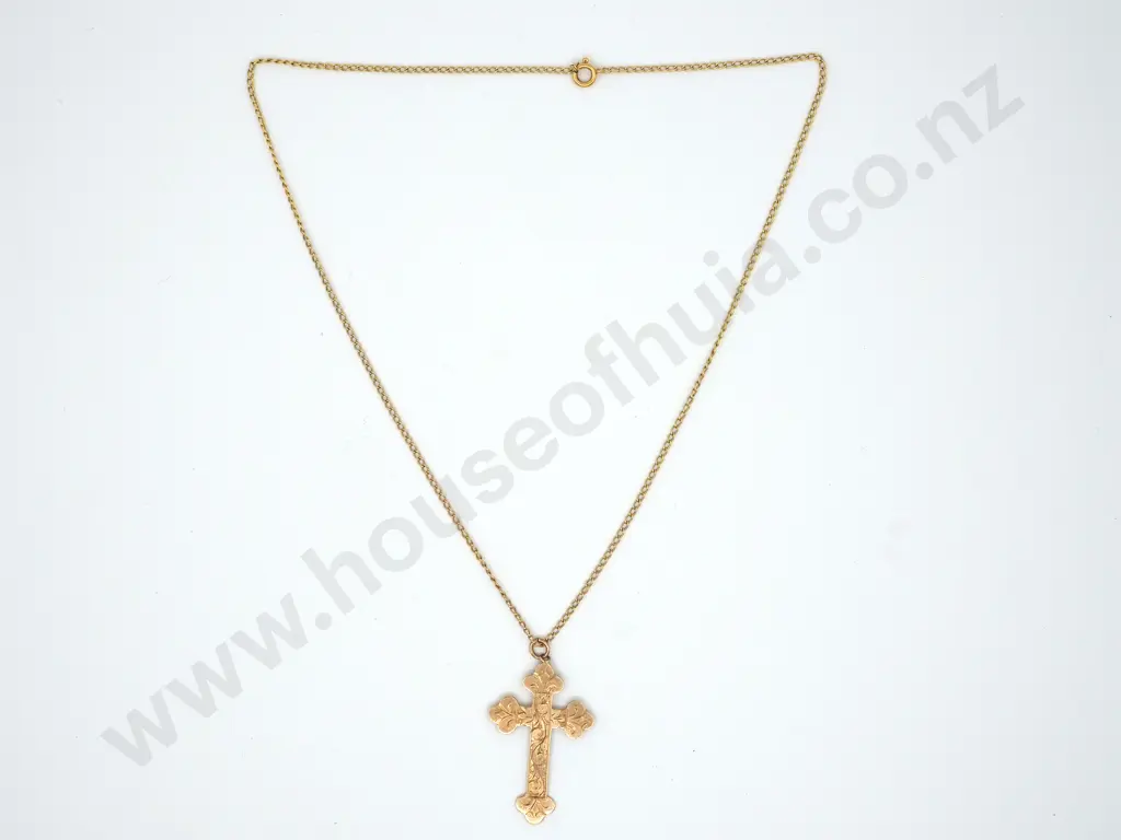 9ct Gold Engraved Cross Pendant on Curb Link Chain Image 1++
