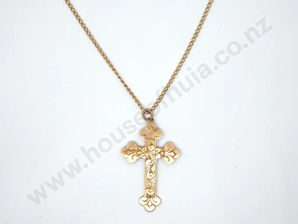 9ct Gold Engraved Cross Pendant on Curb Link Chain Image 1++