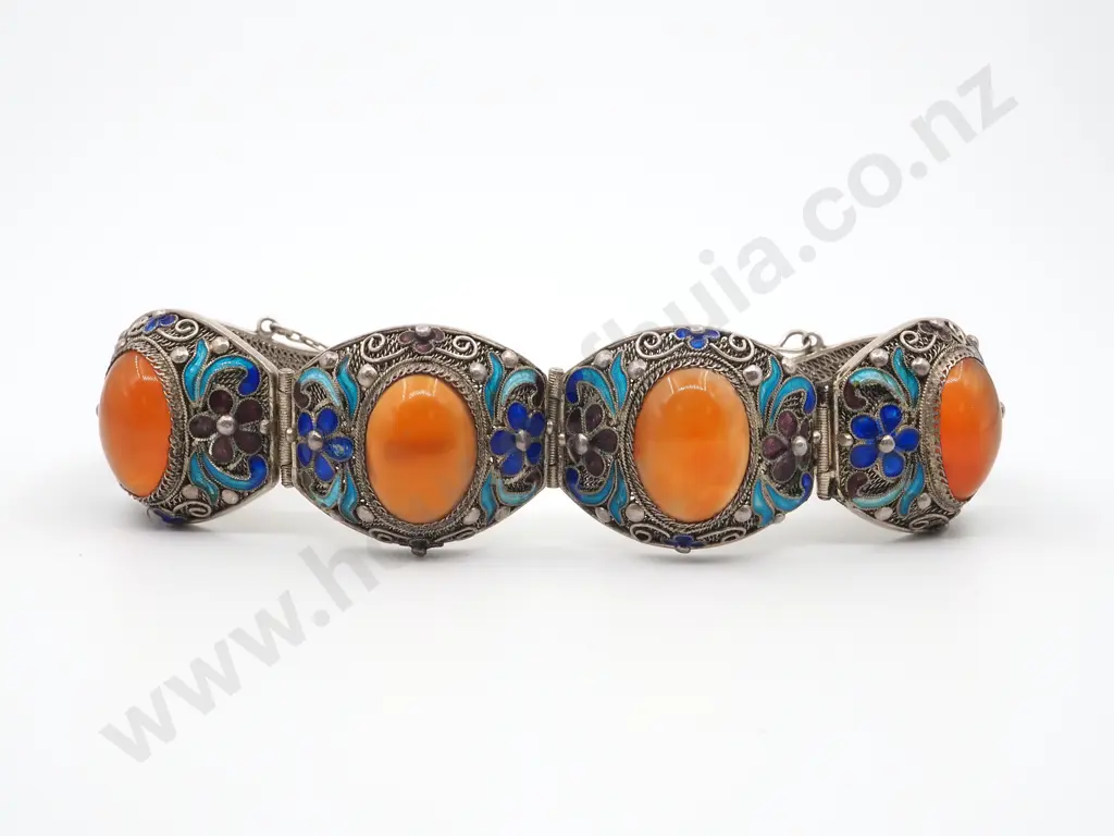 Antique Silver Filigree  Stone/Enamel Bracelet, Circa1900 Image 1++