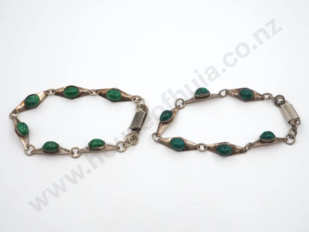 Two Sterling Silver Cabochon Green Stone Bracelets Image 1++