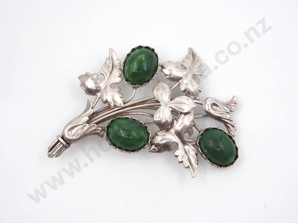 Sterling Silver Acorn Branch w Green Stones Brooch Image 1++