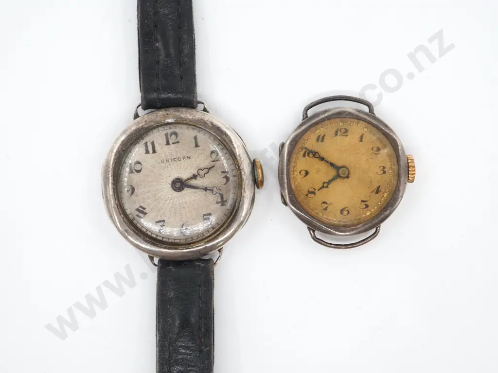 Two Antique Sterling Silver Wrist Watches, One w Strap Image 1++