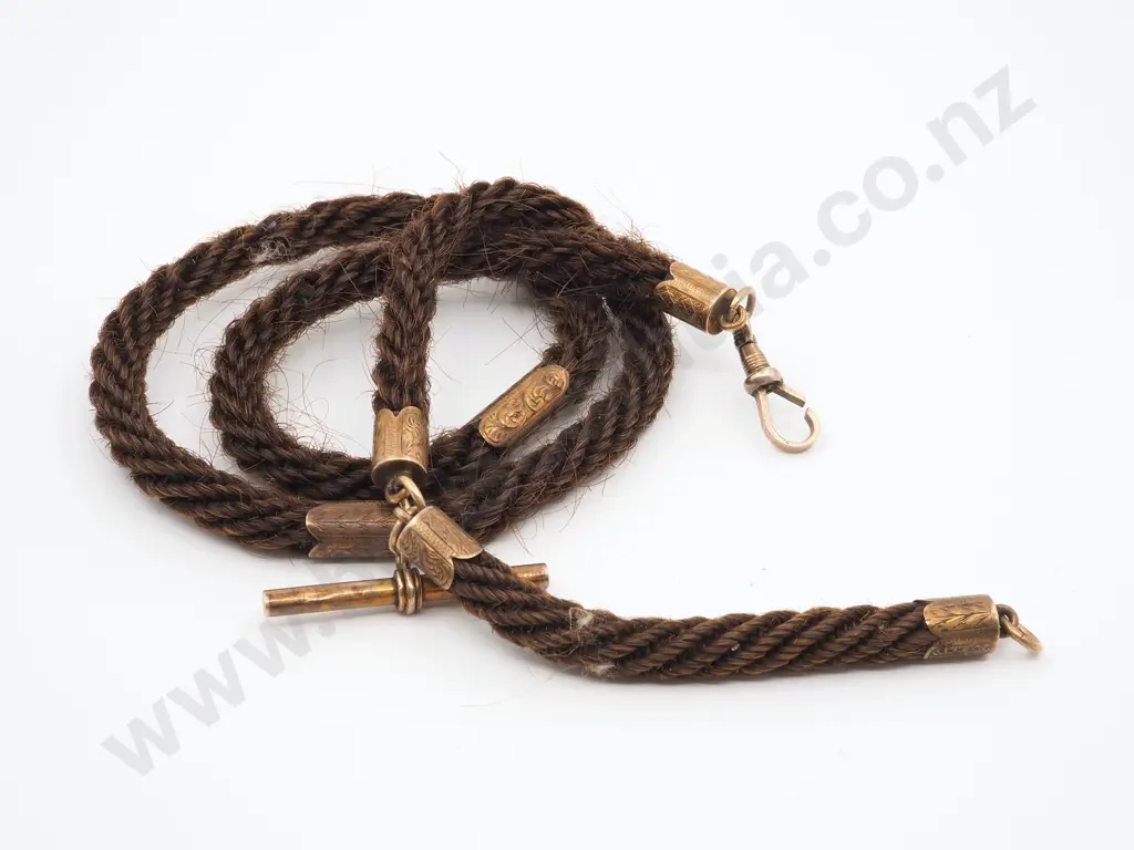 9ct R.G. w 9ct Gold Ends Hair Fob Chain, c.1880 Image 1++