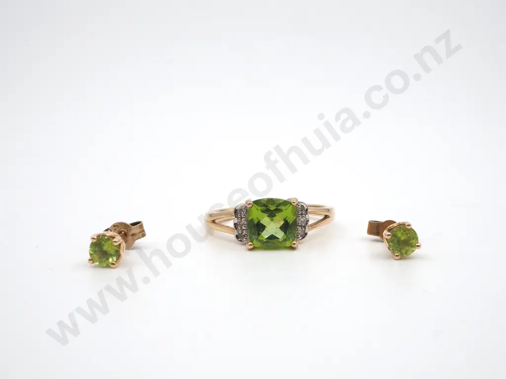 9ct Gold Peridot Diamond Earring & Ring Set Image 1++