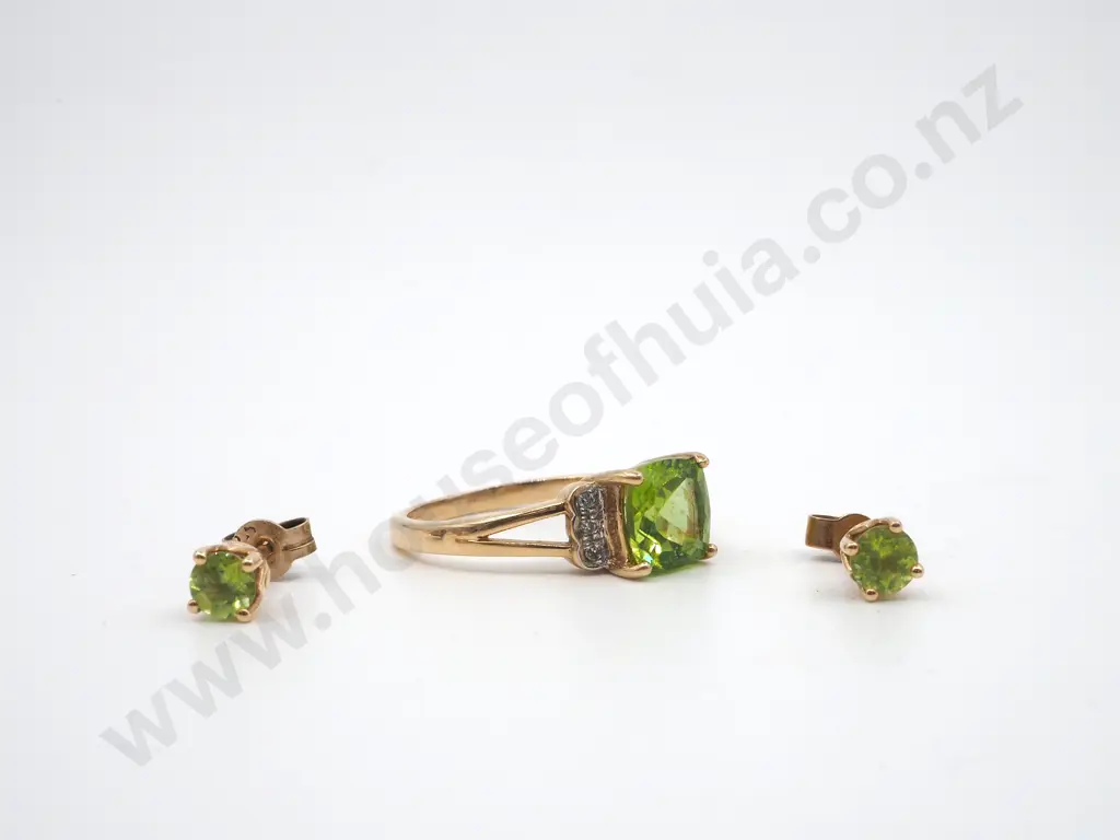 9ct Gold Peridot Diamond Earring & Ring Set Image 1++