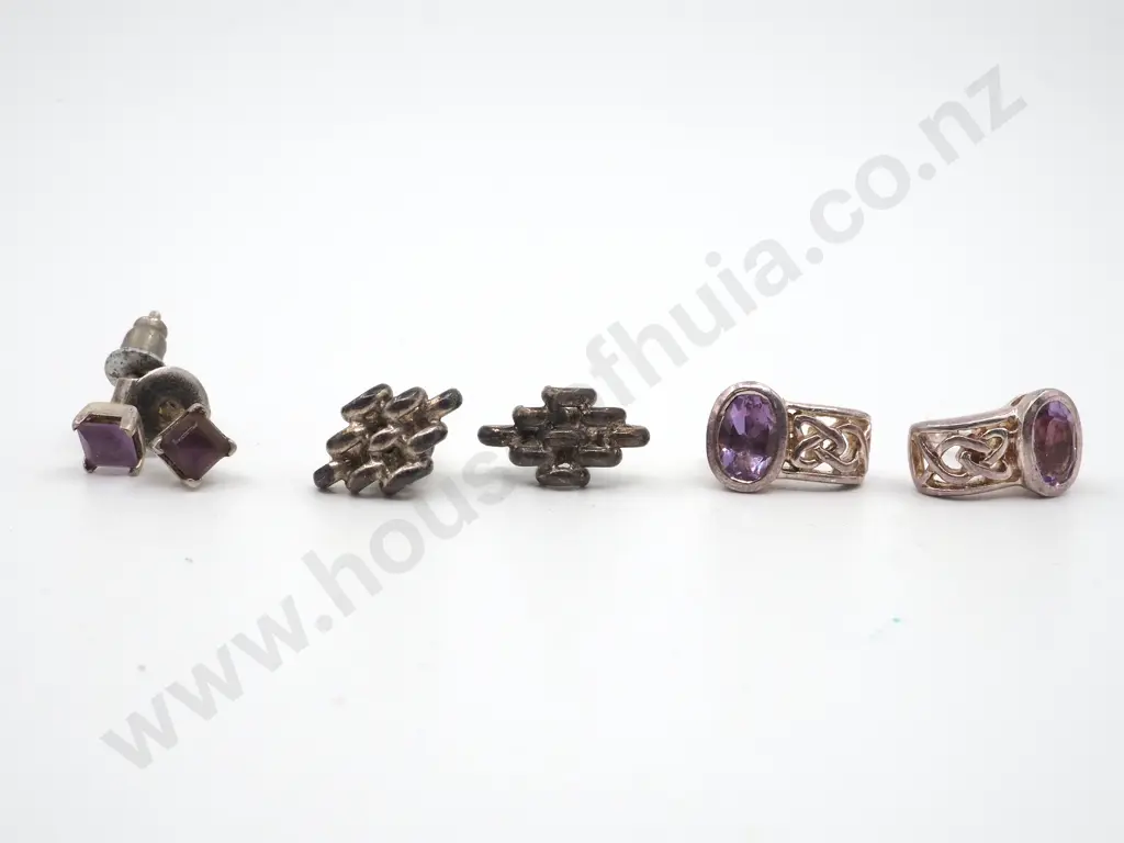 Three Pairs Sterling Silver Earrings (2 Pairs w Purple Gems) Image 1++