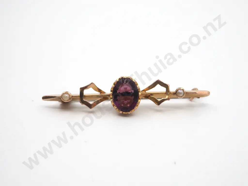 9ct Gold Amethyst & Seed Pearl Brooch, Hallmarked Image 1++