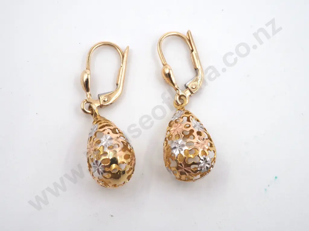9ct Tri Colour Gold Ornate Ball Earrings Image 1++