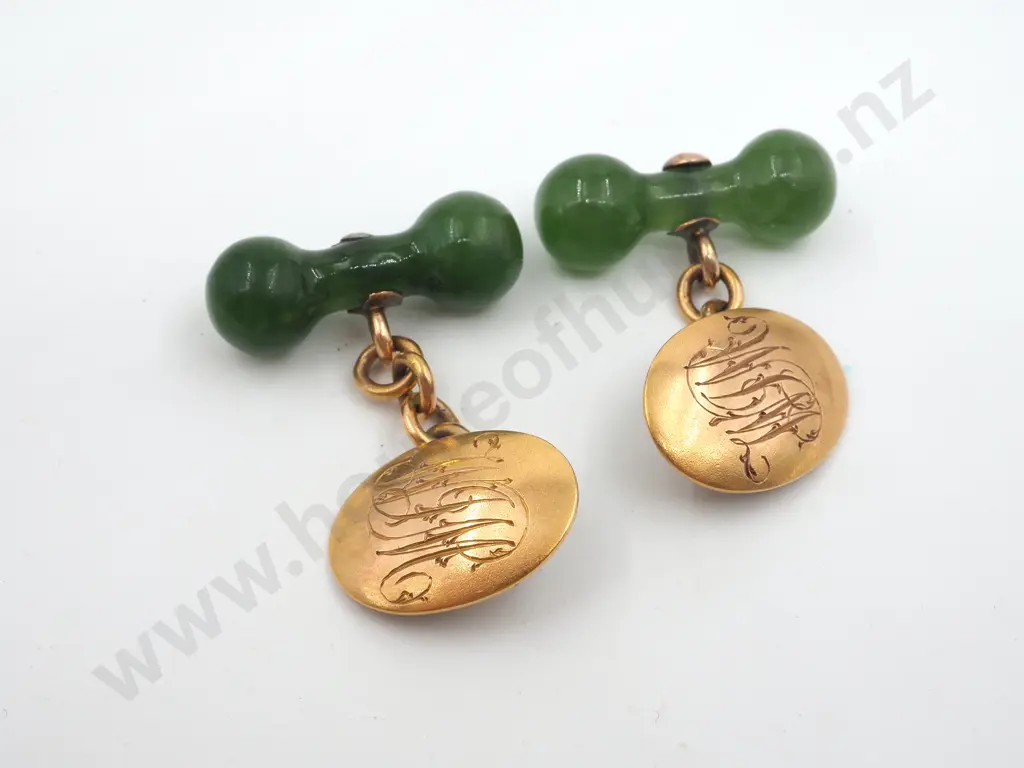 15ct Gold Antique Colonial NZ Greenstone Cufflinks Circa 1900 Image 1++