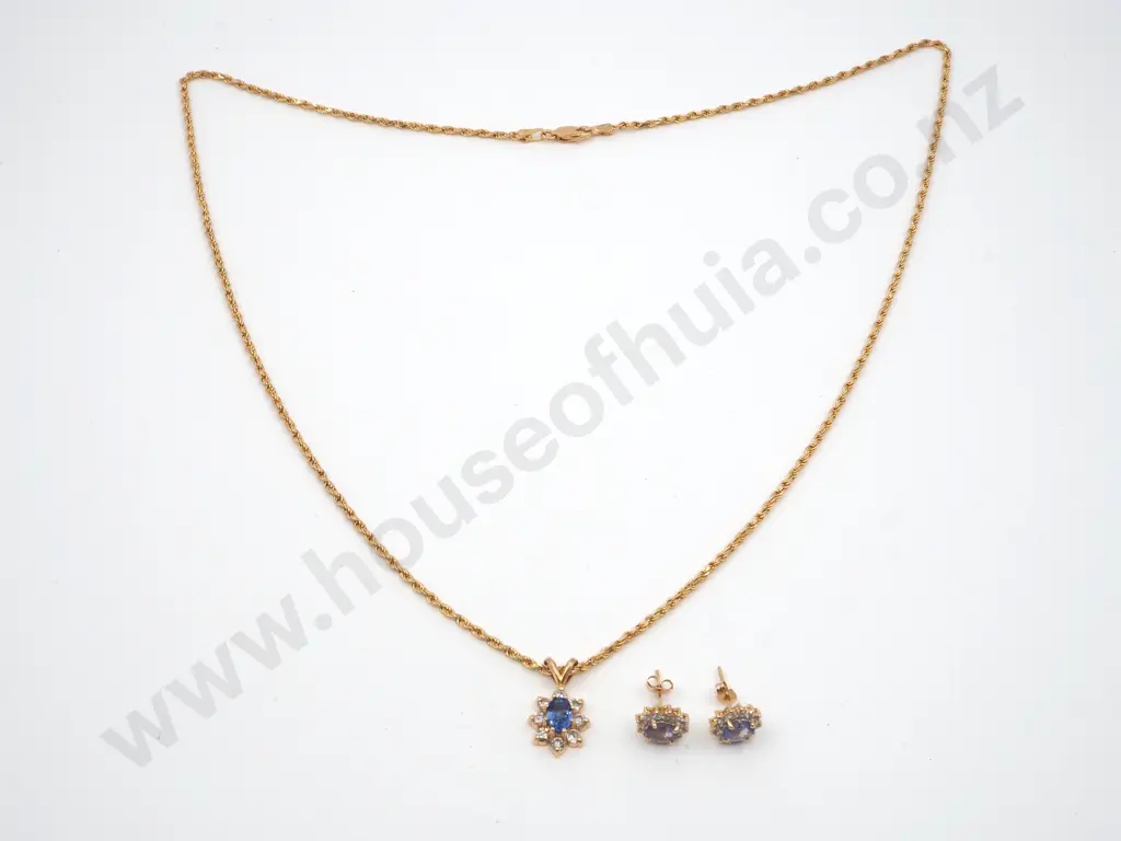 14ct Gold Tanzanite Diamond Necklace & Earring Set Image 1++