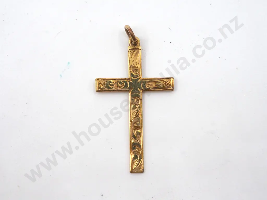 9ct Gold Cross Pendant w/ Decorative Engraving Image 1++