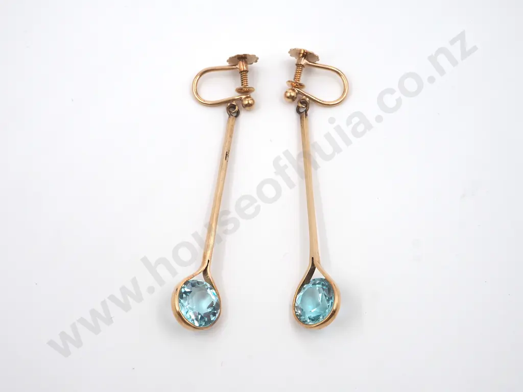 ***9ct Gold Possibly Topaz or Aquamarine? Earrings, Circa 1930 Image 1++