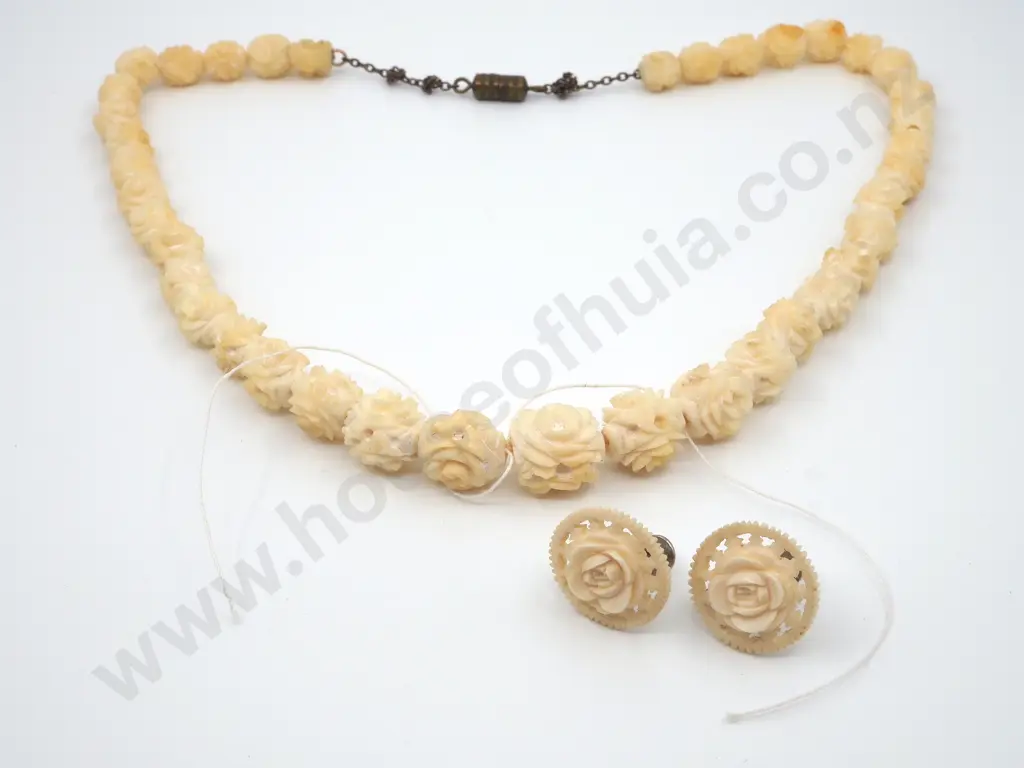 Carved Ivory Necklace & Earrings Image 1++