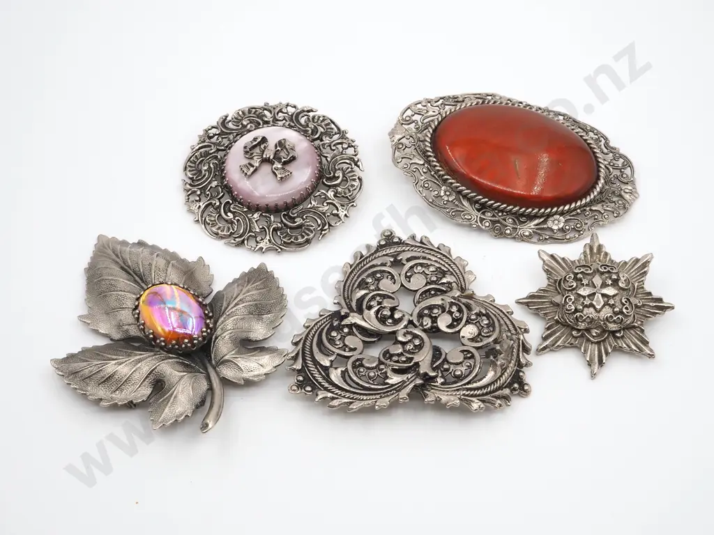 Five Large Silver Coloured Brooches Image 1++