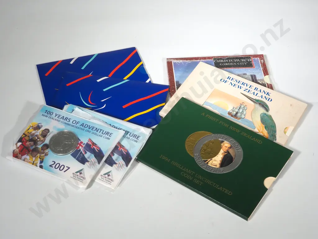 Five New Zealand Coin Sets & Two 100 Years' Adventure Scouts One Dollar Coins Image 1++