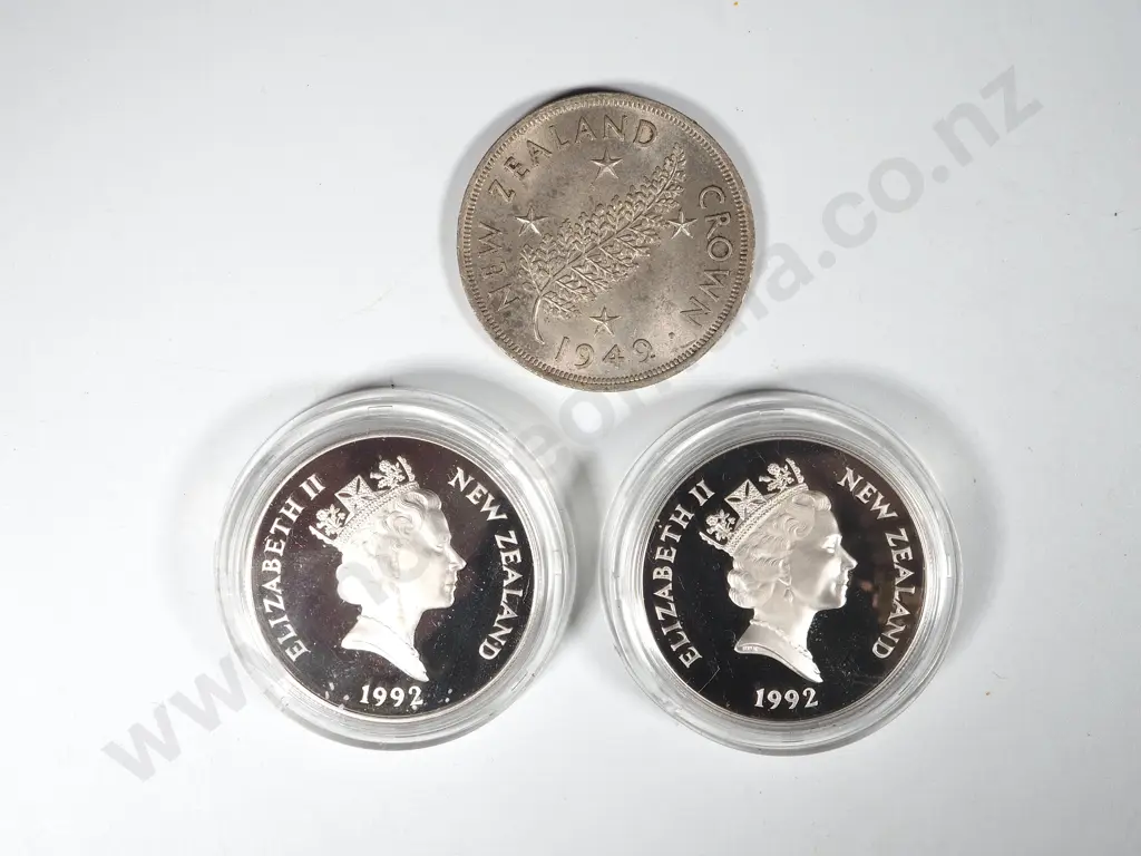Two New Zealand 1992 Commemorative Proof Sterling Silver $5 Coins & 1949 Crown Image 1++