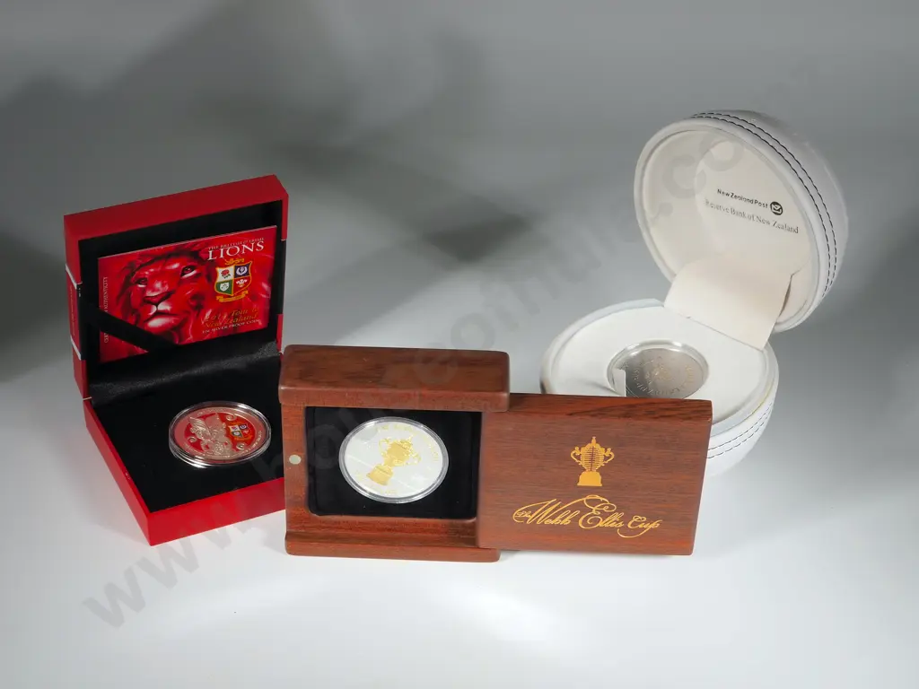 Three New Zealand Proof Silver Dollars:  2011 Webb Ellis Cup & 2015 II Cricket & 2017 Lions Tour:  Total CV $505 NZD Image 1++