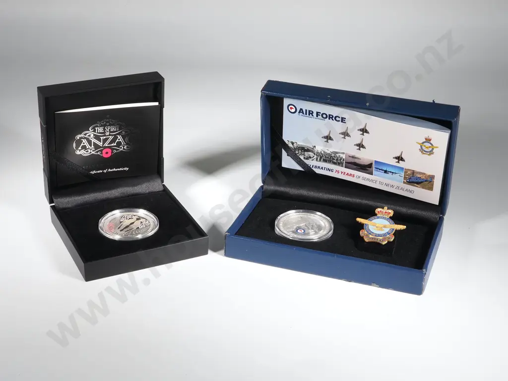 Two New Zealand Silver Proof Coins : 2012 RNZAF 75th, & 2015 Spirit of Anzac: Total CV $345 NZD Image 1++