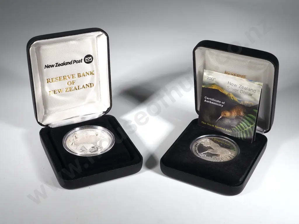 Two New Zealand Silver Proof Dollars: 2004 Little Spotted Kiwi & 2007 Great Spotted Kiwi: Total CV $440 NZD Image 1++