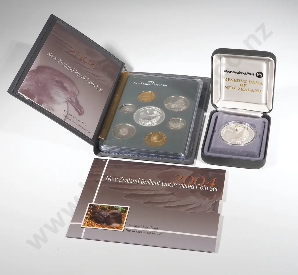 New Zealand 2004 Taiko Proof Set, UNC Set, and Proof $5: Total CV $370 NZD Image 1++