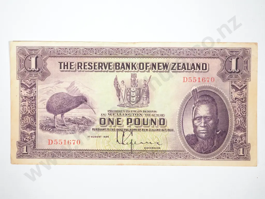 Reserve Bank of New Zealand one pound, 1934      Image 1++