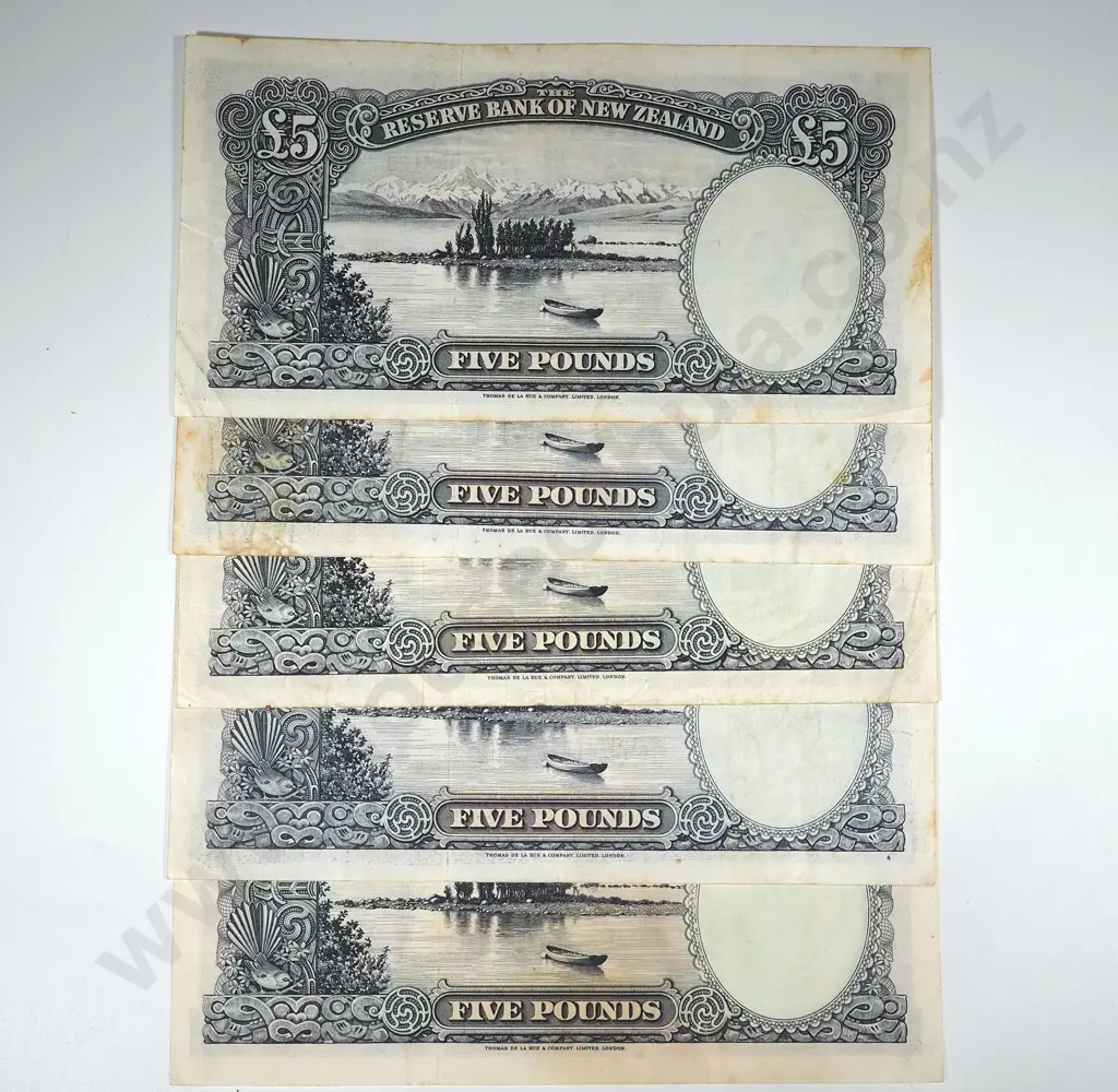Five New Zealand Five Pound Fleming Banknotes & One Hanna VF Five Pound Banknote Image 1++
