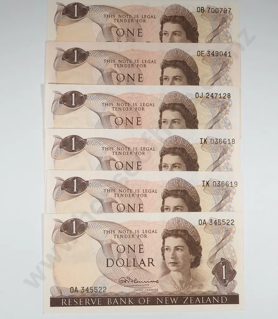 Six New Zealand One Dollar Fleming Banknotes  VF to AUNC Image 1++