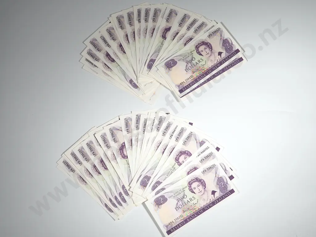 Bundle of 100 New Zealand Near Consecutive $2 Notes D.T.Brash, EPA 398201-229, 388-400, 430-487 Image 1++