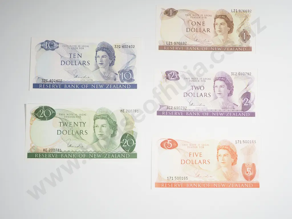 New Zealand Set of Hardie AUNC Banknotes: $1 / $2 / $5 / $10 / $20 Image 1++
