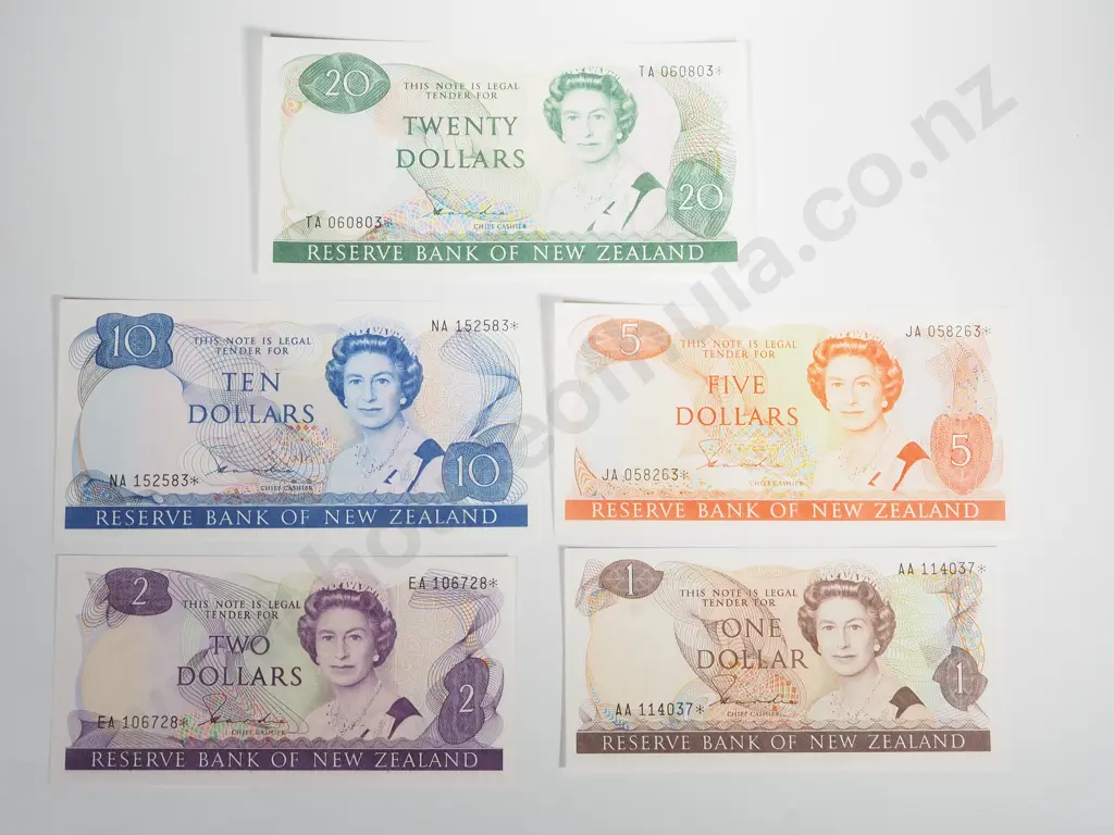 New Zealand Set of Hardie AUNC Star Banknotes: $1 / $2 / $5 / $10 / $20 Image 1++