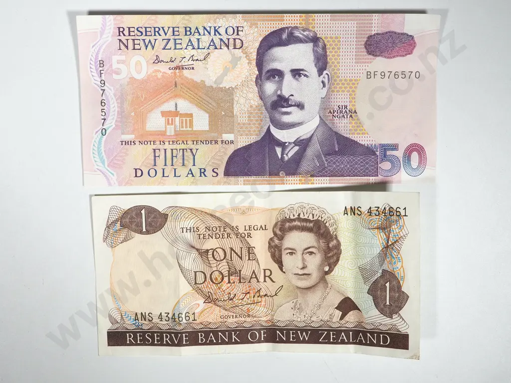 New Zealand Brash EF Fifty Dollars BF Last Prefix & One VF Dollar ANS Last Prefix  C.V $135 Image 1++