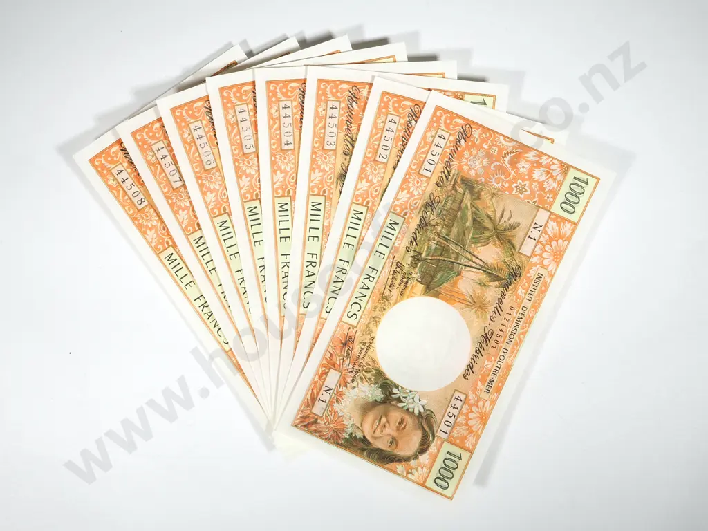 8 New Hebrides 1000 Francs Uncirculated Banknotes: Total CV $1480 USD Image 1++