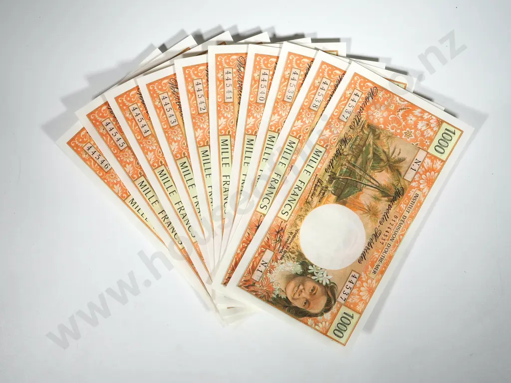 10 New Hebrides 1000 Francs Uncirculated Banknotes: Total CV $1850 USD Image 1++