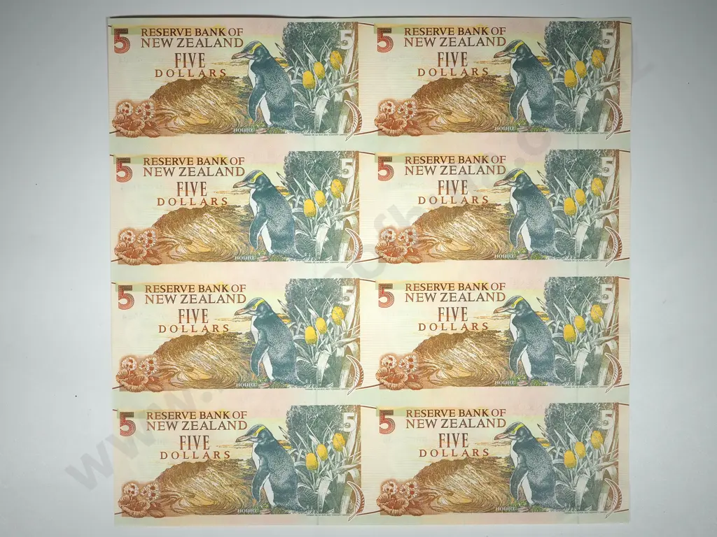 New Zealand Presentation Uncut Sheet of Eight Brash Five Dollar Notes: 1993-1999 Image 1++