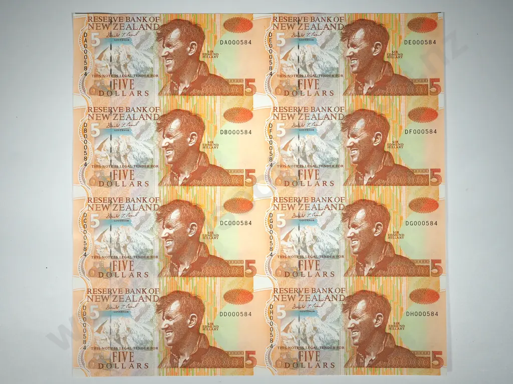New Zealand Presentation Uncut Sheet of Eight Brash Five Dollar Notes: 1993-1999 Image 1++