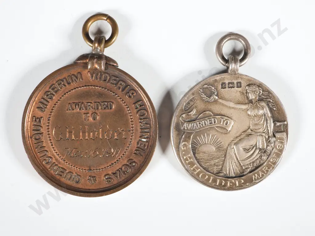 Two Royal Life Saving Medals Awarded to G H Holder in 1911 - One in Sterling Silver Image 1++