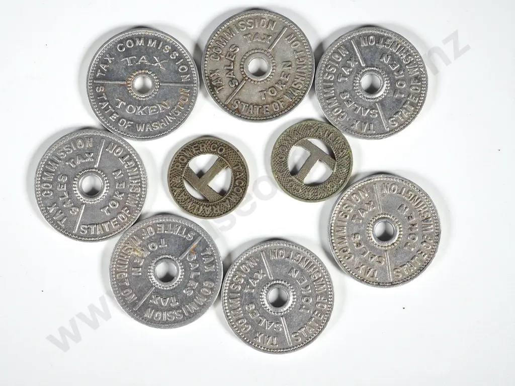 Collection of U.S. Tokens: State of Washington Tax Commission Sales Tax Token; Tacoma Railway & Power Co. Image 1++