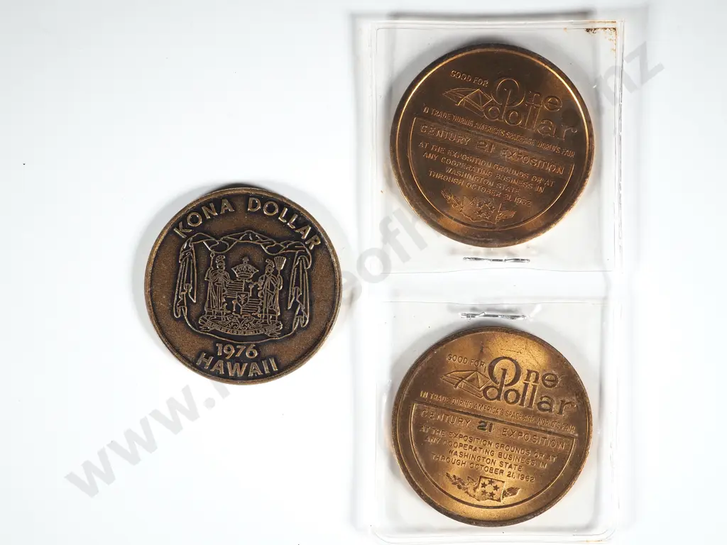 Two 1962 Seattle One Dollar Expo Coin Space Age; One Vintage Hawaiian Bronze Kona Dollar Image 1++