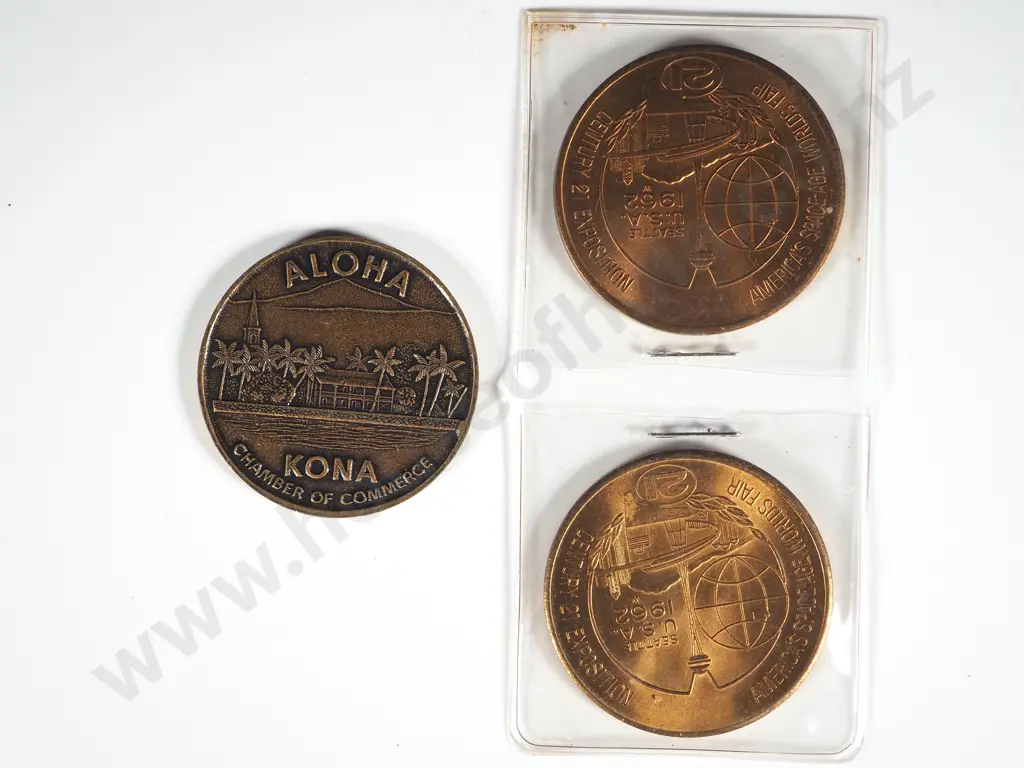 Two 1962 Seattle One Dollar Expo Coin Space Age; One Vintage Hawaiian Bronze Kona Dollar Image 1++