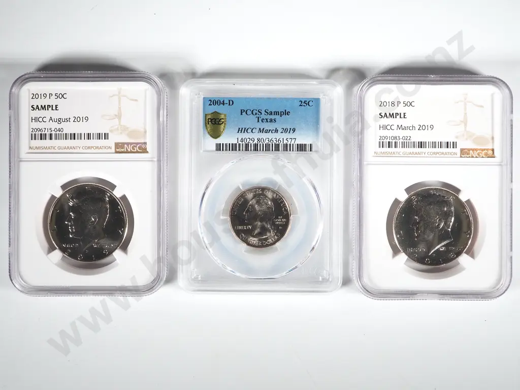Slabbed PCGS Sample of a 2004 Texas Quarter; Two Slabbed NGS Samples of 2018 P & 2019 P Half Dollars Image 1++