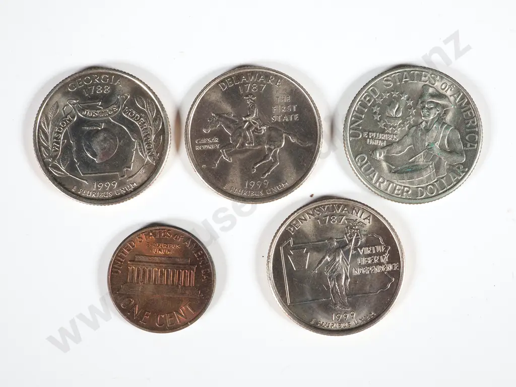 Four US State Quarters; One US Cent Image 1++