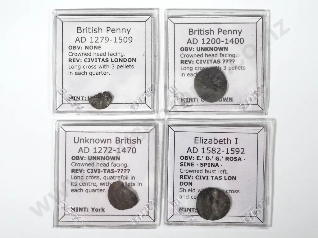 Four English Hammered Halfpennies/Pennies Identified in cards/flips - 1200-1592 AD Image 1++