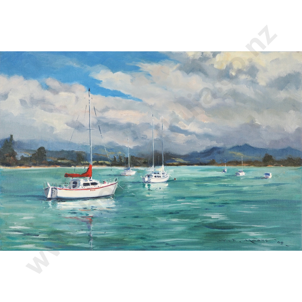 William Francis Moore.  2008. Boats at Anchor, Mapua, Nelson. Image 1++
