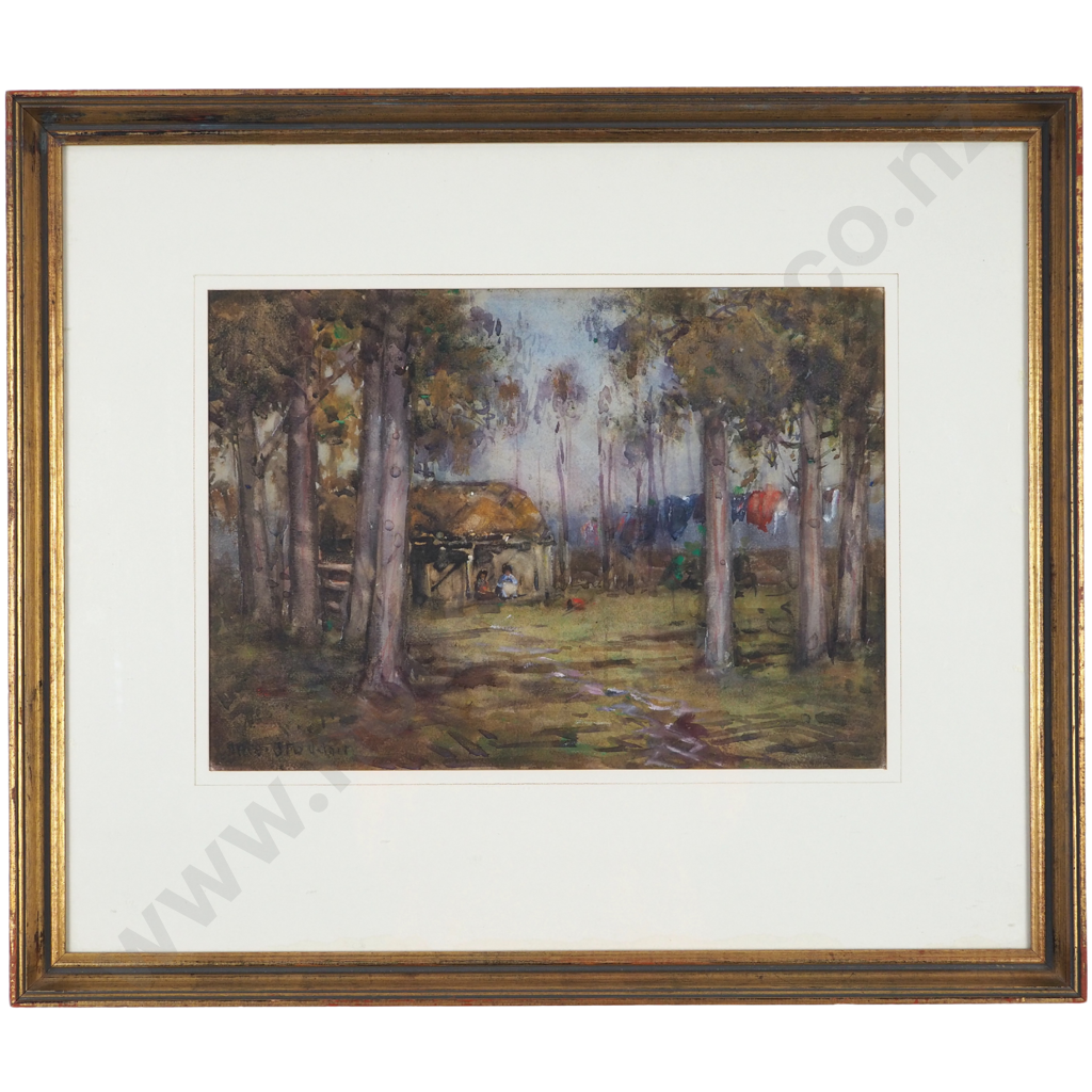 M. Stoddart.  (1865-1934) Bush Scene w Whare, Maori Figure & Clothesline. Image 1++