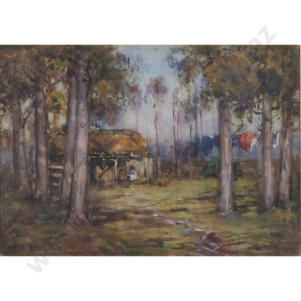 M. Stoddart.  (1865-1934) Bush Scene w Whare, Maori Figure & Clothesline. Image 1++