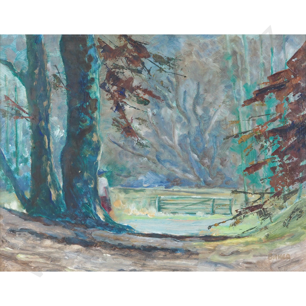 Gordon Baker. An Assignation - Boy w hands in Pockets Waiting Expectantly Beside Large Tree. Image 1++