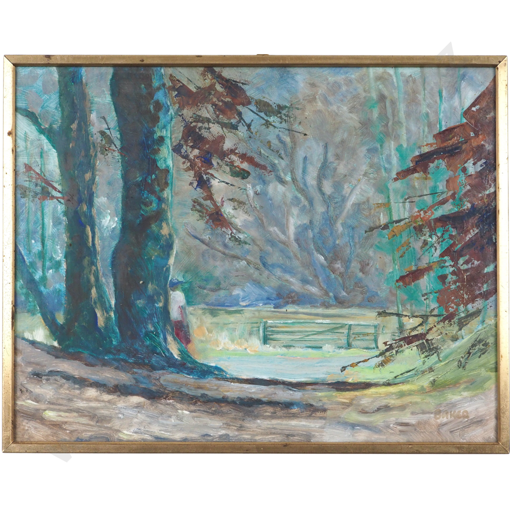Gordon Baker. An Assignation - Boy w hands in Pockets Waiting Expectantly Beside Large Tree. Image 1++